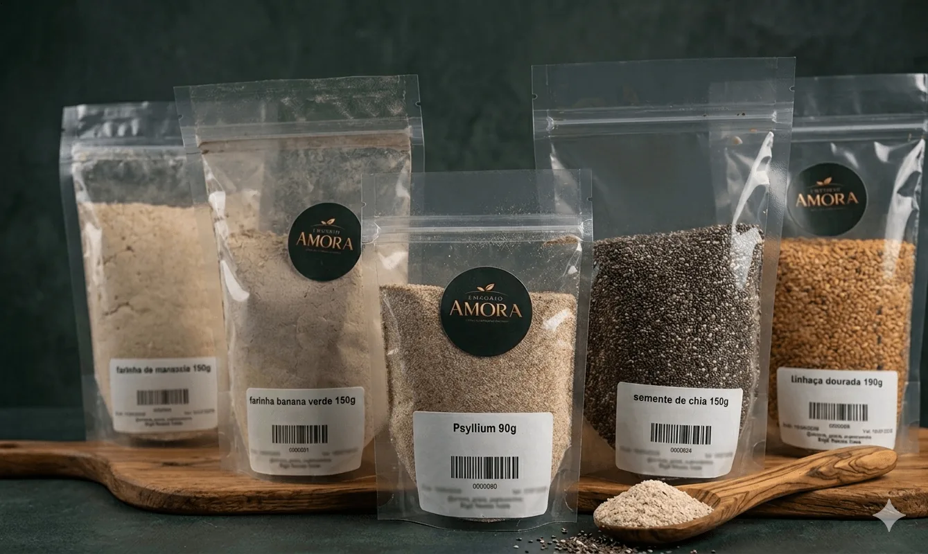 Kit de fibras naturais de Psyllium, Banana Verde, Maracujá, Chia e Linhaça - Empório Amora